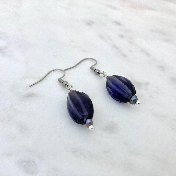 NWOT Upcycled & Handmade Purple/Grey Dangle Earrings - Picture 4 of 5